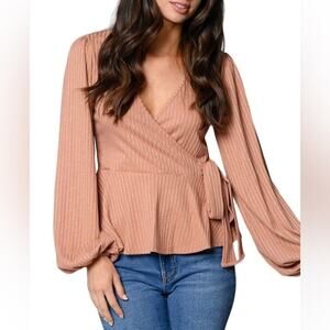 Peach Love California Faux Wrap Ribbed Knit Top